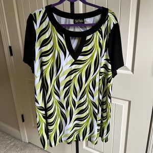 Bob Mackie Plus Size Lime Green/Black/White Leaf Design Tunic 2x